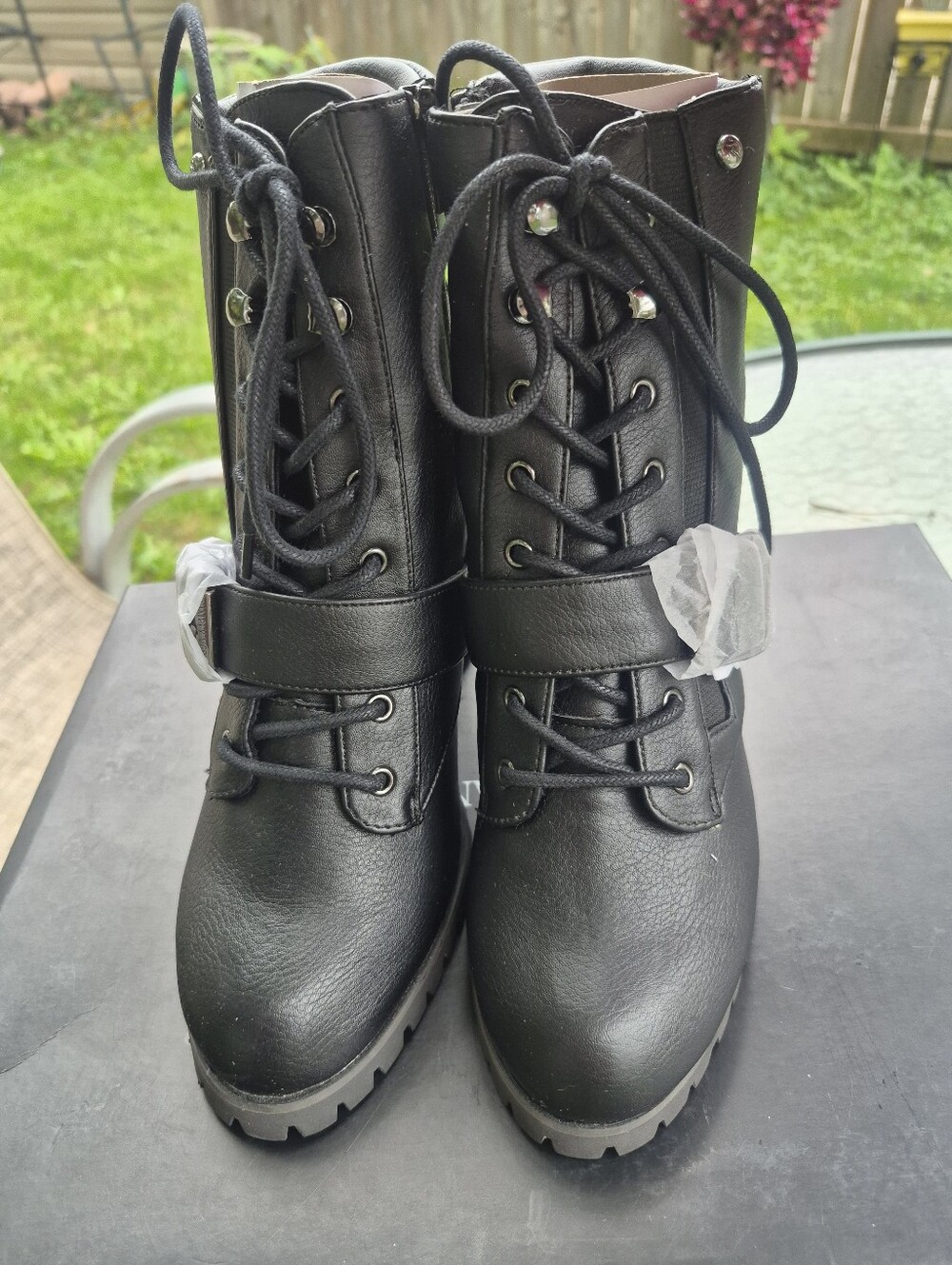 Vera Wang Black Lace-Up Combat Boots with Ankle Strap